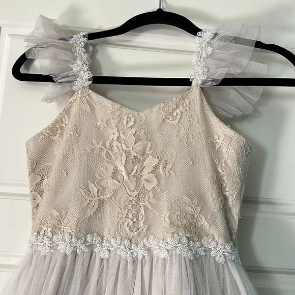 Girls formal dress tulle tutu skirt beige nude long lace bow 10 - Picture 5 of 6